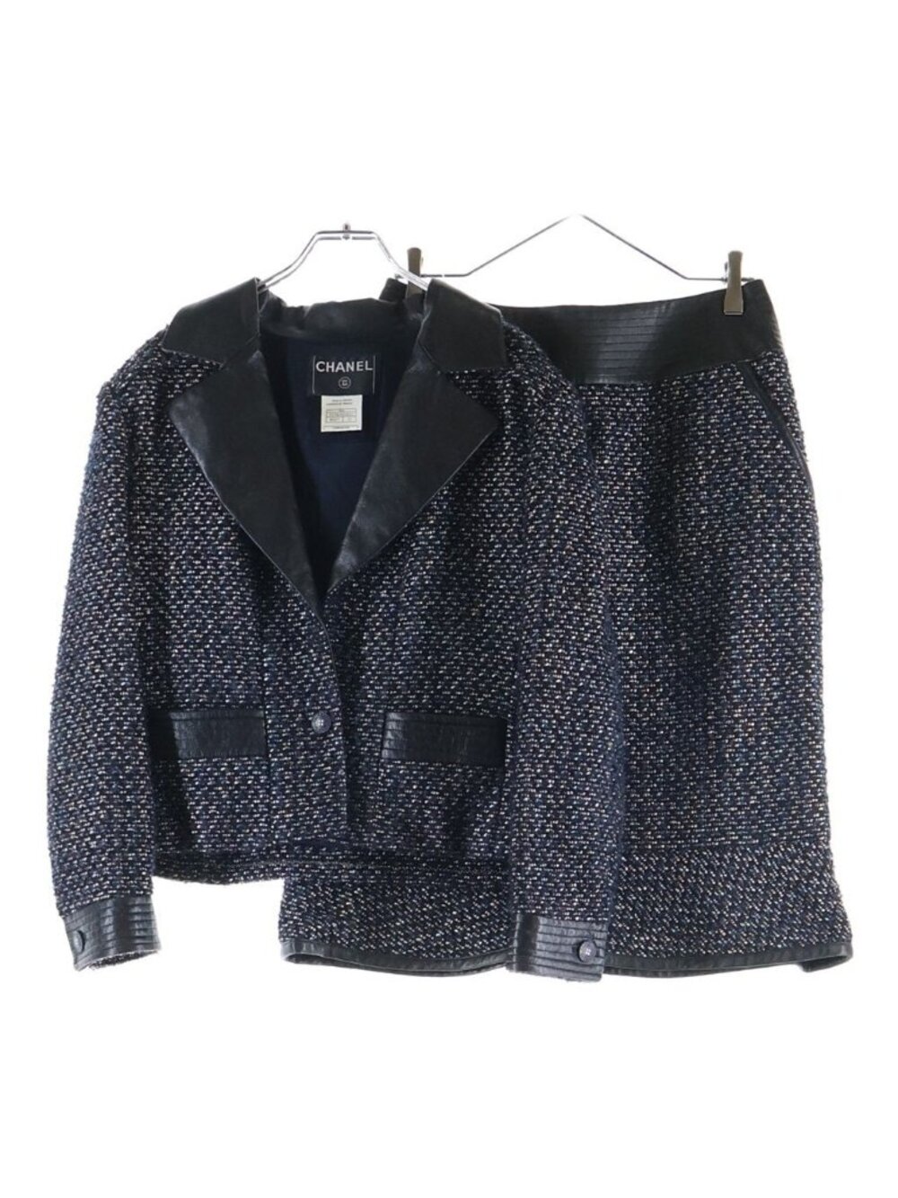 Chanel Set Tweed All Over Print Leather Paneled Tailored Jacket Medium Skirt